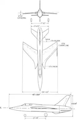 3-view line drawing of the Republic F-105B Thunderchief