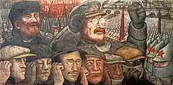 A painting depicting Vladimir Lenin and Leon Trotsky watching over a workers parade.
