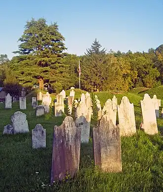 A cemetery; grave stones in the foreground in staggered, irregular rows; behind them grass covered mounds of dead; an American flag in the background along a tree line.