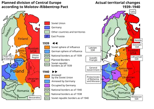 Planned and actual territorial changes in Central Europe: 1939–1940
