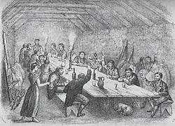 Drawing of a large group at a long, rustic table