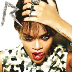 Rihanna with her left hand on her head and her tongue sticking out to her lips. The album's title is seen tattooed on her arm. An stylized "R" is seen on the top left, with various text on it forming the "R".
