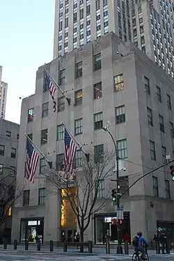 Facade of International Building North, a six-story structure attached to the main tower, as seen from Fifth Avenue and 51st Street
