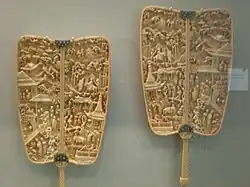 A pair of ivory fans depicting scenes from Romance of the Western Chamber, c. 1800–1911, Qing dynasty. On display at the Asian Art Museum in San Francisco, California.
