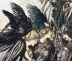 Dimitra Fimi compares Gondor's bird-winged helmet-crown to the romanticised headgear of the Valkyries. Illustration for The Rhinegold and the Valkyrie by Arthur Rackham, 1910[29]