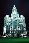 The Royal Liver Building is floodlit at night