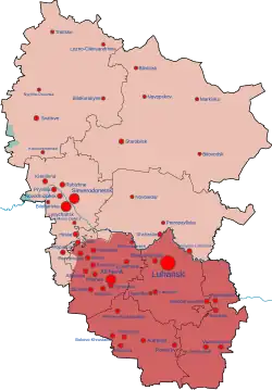 Territory of Ukraine's Luhansk Oblast controlled by Russia as LPR shown in red and pink; territory claimed but not controlled shown in cyan[2]
