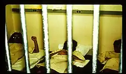 Photo taken through iron bars. Behind the bars, three people are lying on beds side by side, wearing identical white smocks with numbers on the chest.