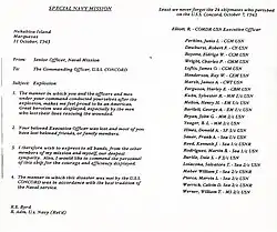 Letter from Admiral Byrd to Commanding Officer, USS Concord, commemorating the loss of 24 men during the special mission, September–November 1943