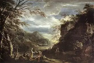 Salvator Rosa –- River Landscape with Apollo and the Cumean Sibyl