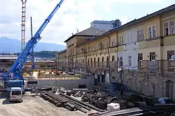 Track side of the station building during the renovations, 2010.