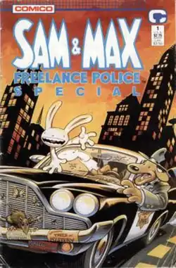 A anthropomorphic dog in a suit and fedora drives a police DeSoto through a cityscape, while an anthropomorphic rabbit climbs out the window. An array of dead insects and a rat have been collected on the car's grille. The title "Sam & Max" is displayed prominently, with "Freelance Police Special" below.