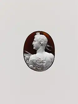 Cameo portrait of the Emperor Augustus; 41–54 AD; sardonyx; 3.7 by 2.9 by 0.8 centimetres (1.46&nbsp;in ×&nbsp;1.14&nbsp;in ×&nbsp;0.31&nbsp;in); Metropolitan Museum of Art (New York City)