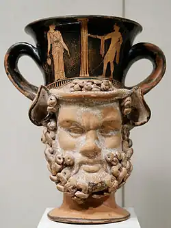 Satyr side of a janiform kantharos by Aison (420 BC)