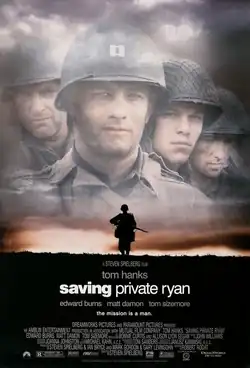 The theatrical release poster for Saving Private Ryan. This poster shows a soldier with a gun standing on a steppe and four more soldiers in the background. The tagline reads "The mission is a man".