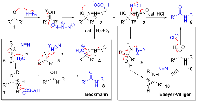 Two proposed reaction mechanisms for the amide formation from a ketone via Schmidt reaction