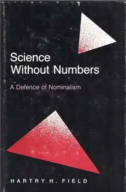 A black cover with the words "Science Without Numbers A Defense of Nominalism Hartry H. Field", there are also two red triangles