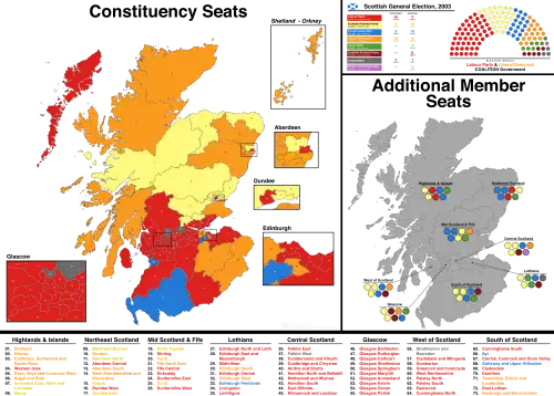 A map showing the constituency winners of the Election by their party colours.