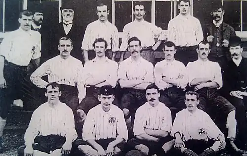United squad from the 1890–91 season. Pictured are: [rear] Harry Lilley, Charles Stokes (Chairman of Football Committee), JB Wostinholm (Club Secretary), Will Lilley, Charlie Howlett, Mick Whitham, Jack Houseley (trainer) [centre]: Unknown, Unknown, Unknown, Rab Howell, Unknown, H. Stones (Assist. Secretary) [Front]: Unknown, Unknown, Arthur Watson, Unknown