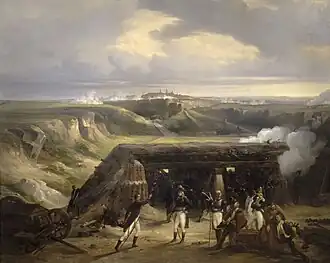 Painting shows an fortified artillery position with blue coated soldiers. In the distance is a city-fortress.