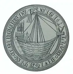 1350 seal of Elbląg (Elbing), depicting the ship flying city banner