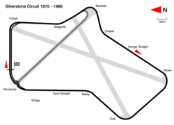 1975 to 1986: with the Woodcote Chicane in place to reduce speeds through Woodcote Corner. Track length: 4.718 km. Lap record: Keke Rosberg, Williams-Honda, 1:05.591 (1985 British Grand Prix).