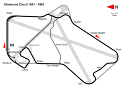 1991 to 1994:[32] Major redesign to the circuit: Copse radius increased; Maggotts and Becketts esses; Stowe, Vale and Club complex; elevation change beyond Abbey; and Bridge, Priory, Brookands and Luffield complex. Track length: 5.226 km. Lap record: Nigel Mansell, Williams-Renault, 1:18.965 (1992 British Grand Prix).