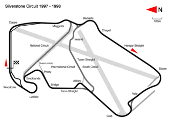 1997 to 1998: Major redesign to Copse, Priory, Brooklands and Luffield, resulting in a faster track. Classic circuit created with extra route at Club. Nearly all old track and runway close to the current circuit was dug up or demolished at this time. Track length: 5.140 km. Lap record: Jacques Villeneuve, Williams-Renault, 1:21.598 (1997 British Grand Prix).