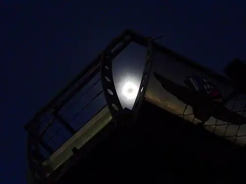 Totality over the Indianapolis Motor Speedway's flag stand