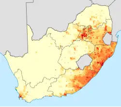 Density of home-language speakers of Nguni languages in South Africa.