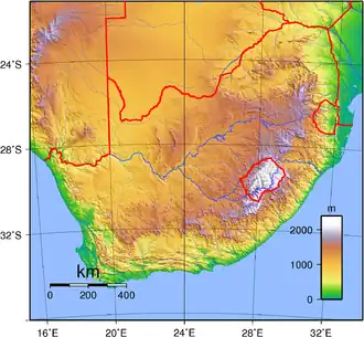 Topographic map of South Africa.