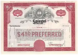 A specimen stock certificate from Speigel, Inc. dating back to the 1930s.