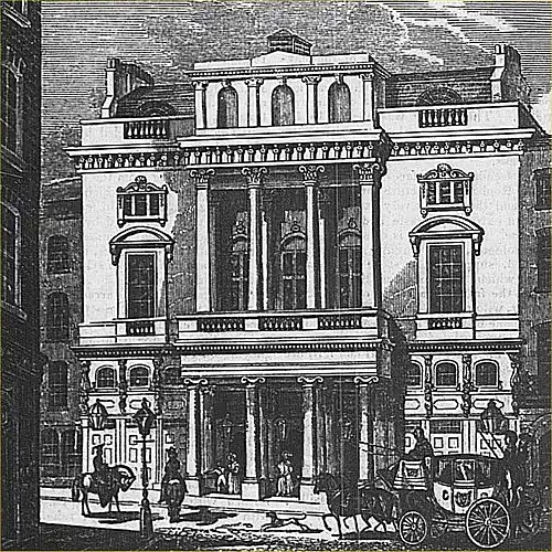 old drawing of exterior of neo-classical building