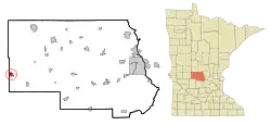 Location of Brooten within Stearns and Pope Counties in the state of Minnesota