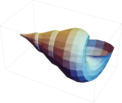 graphics complex of a seashell with stipple shading modeled in Mathematica 13.1