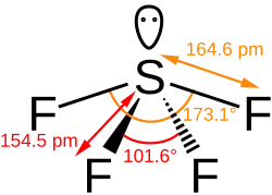 Structural formula of sulfur tetrafluoride, showing dimernsions