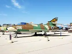 A Super Mystère B2 (SMB2) Saar of 105 Squadron "Scorpion" from 1958, at the IAF Museum near Hatzerim