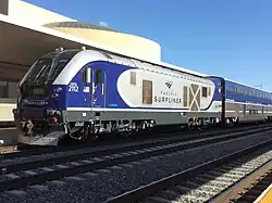 A Pacific Surfliner Siemens Charger locomotive at L.A. Union Station in 2022.