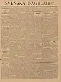 Svenska Dagbladet, Sunday, 2 May 1897. The first issue under new management, new format and new header. The first page contains signed contributions by Helmer Key [sv] (1864–1939), Gustaf F. Steffen [sv] (1864–1929) and Oscar Levertin (1862–1906).