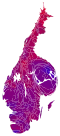 Cartogram of vote with each municipality rescaled in proportion to number of valid votes cast. Deeper blue represents a relative majority for the centre-right coalition, brighter red represents a relative majority for the left-wing coalition.