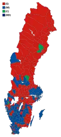 Votes by municipality. The municipalities are the color of the party that got the most votes within the coalition that won relative majority.