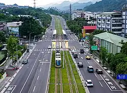 Green tramway track in Taipei, Taiwan