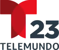 The Telemundo network logo, a T with two circular overlapping components. To the right and under the T, the number 23. Beneath it, in a sans serif, the word Telemundo.