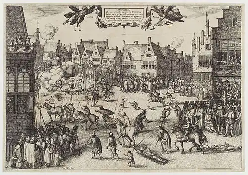 A busy urban scene. Medieval buildings surround an open space, in which several men are being dragged by horses. One man hangs from a scaffold. A corpse is being hacked into pieces. Another man is feeding a large cauldron with a dismembered leg. Thousands of people line the streets and look from windows. Children and dogs run freely. Soldiers keep them back.