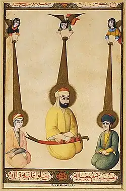 Painting of Ali flanked by Hasan and Husayn, all seated, with angels above them