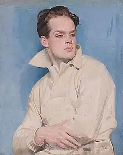 A painting of the sculptor, Maurice Lambert, by his father. Lambert is depicted as a young athlete in sporting attire