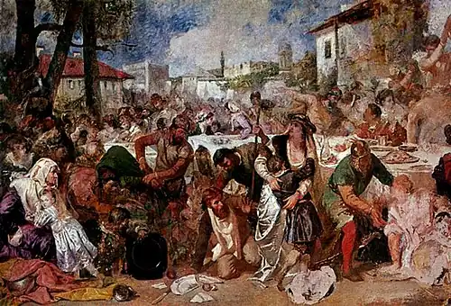 Boyars surprised at the feast by Vlad the Impaler's envoys; painting by Theodor Aman