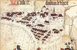 15th-century armorial of Revel, with the church of St John in the lower right-hand corner.