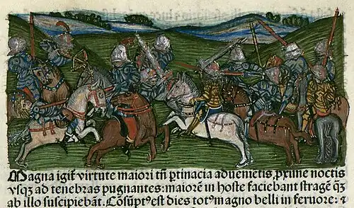 Chronica Hungarorum, Thuróczy chronicle, Battle of Kosovo 1448, John Hunyadi, Hungary, Hungarians, Ottoman Empire, Ottomans, battle, fight, horses, armored soldiers, cavalry, medieval, Hungarian chronicle, book, illustration, history