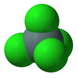 Space-filling model of anhydrous SnCl4.